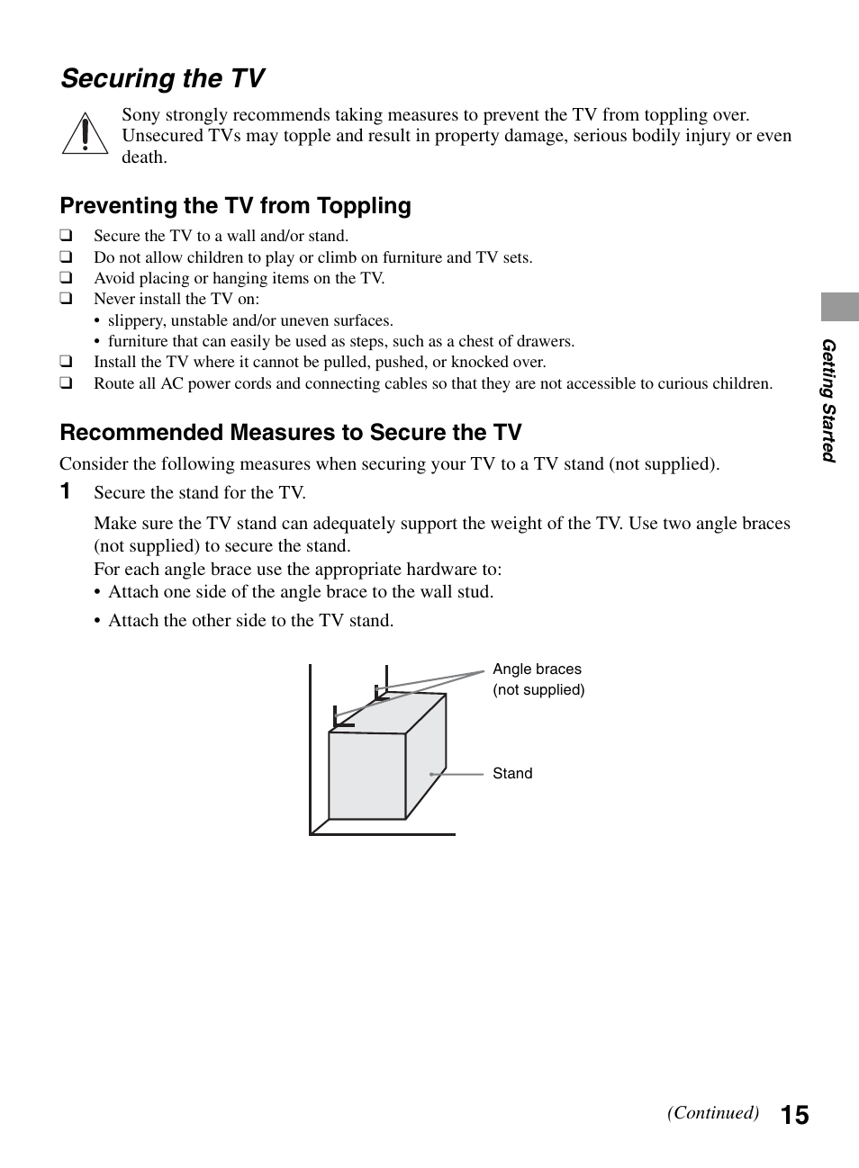 Securing the tv, Preventing the tv from toppling, Recommended measures to secure the tv | Sony KDL-32BX300 User Manual | Page 15 / 63