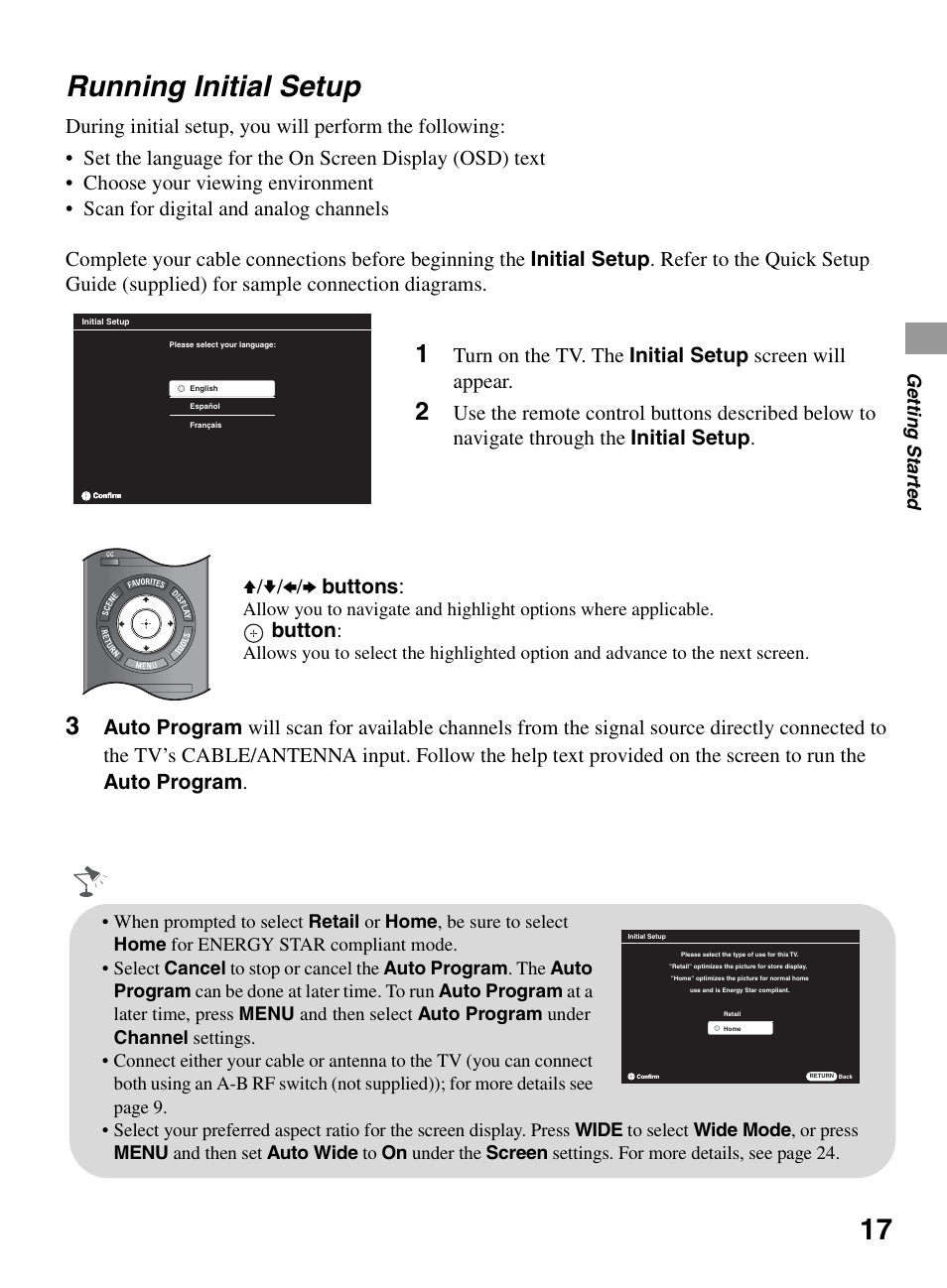Running initial setup, Button, Ge tting started | Sony KDL-32BX300 User Manual | Page 17 / 63