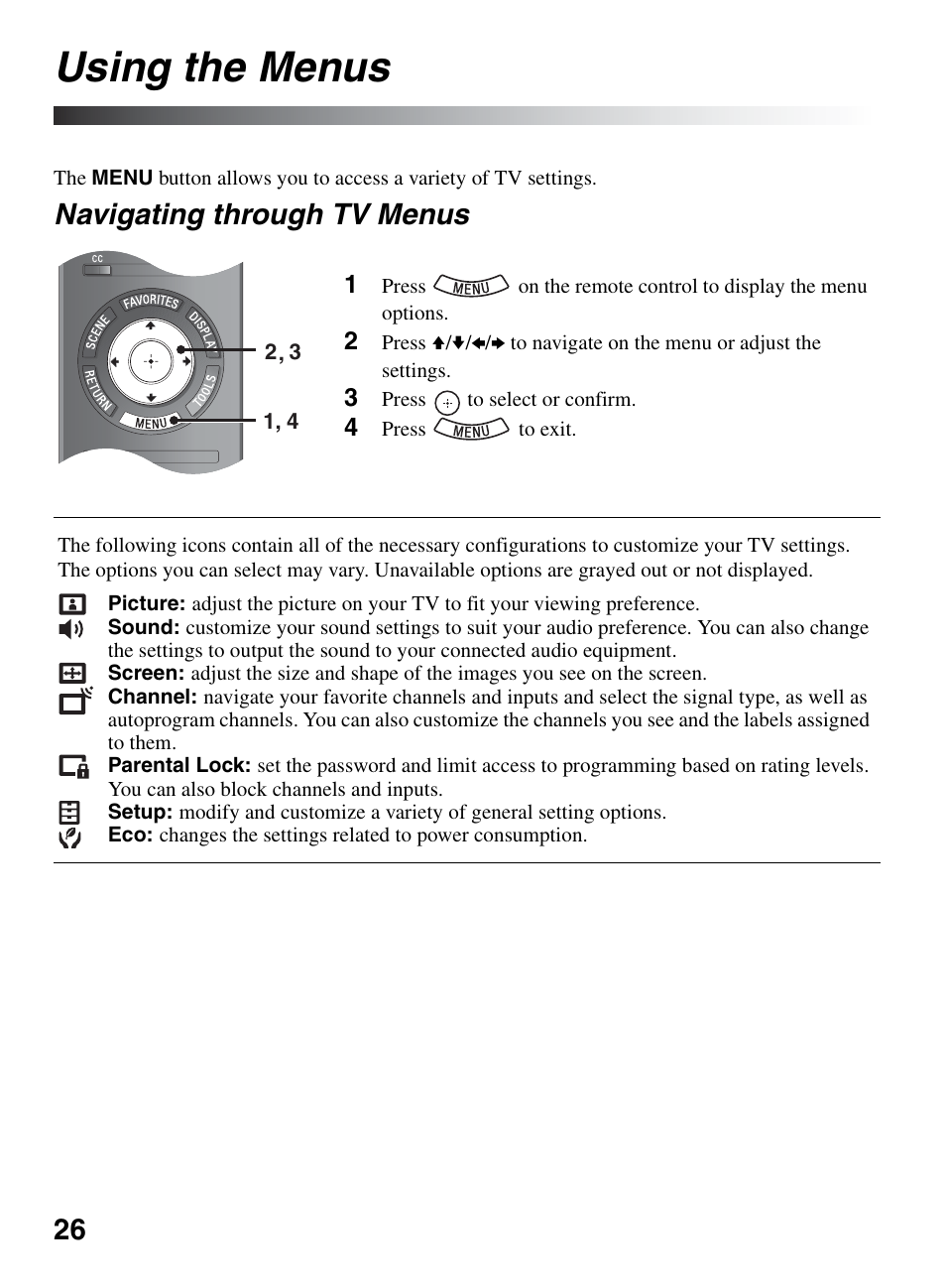 Using the menus, Navigating through tv menus | Sony KDL-32BX300 User Manual | Page 26 / 63