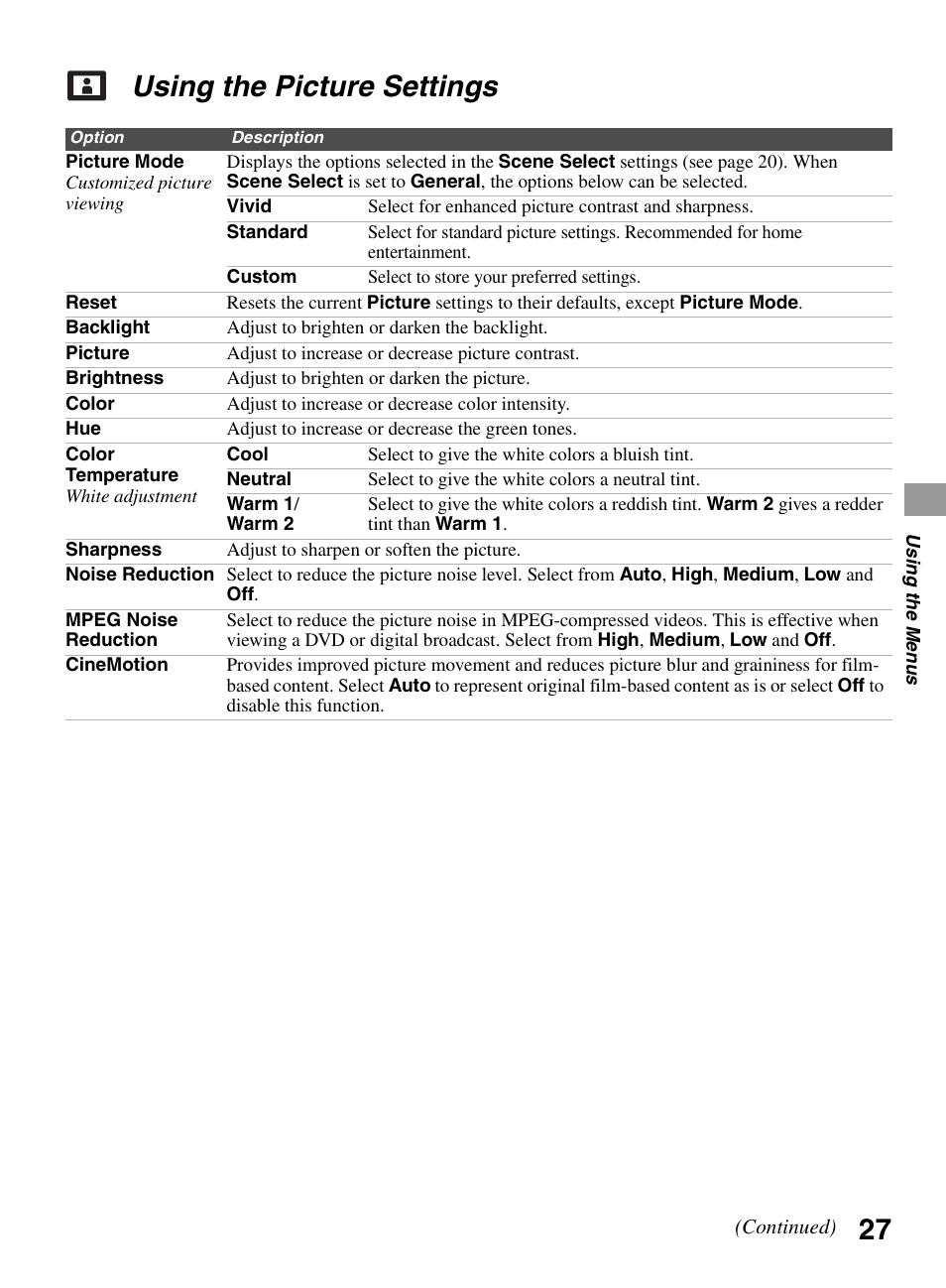Using the picture settings | Sony KDL-32BX300 User Manual | Page 27 / 63