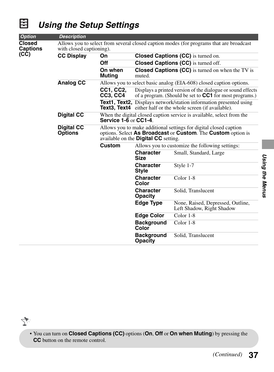Using the setup settings | Sony KDL-32BX300 User Manual | Page 37 / 63