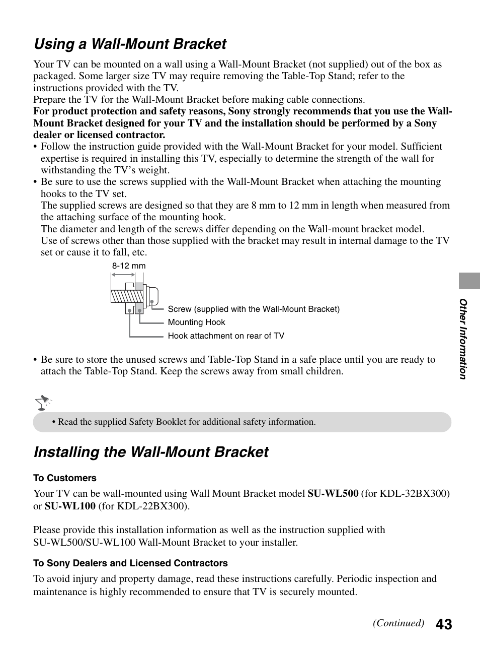 Using a wall-mount bracket, Installing the wall-mount bracket | Sony KDL-32BX300 User Manual | Page 43 / 63