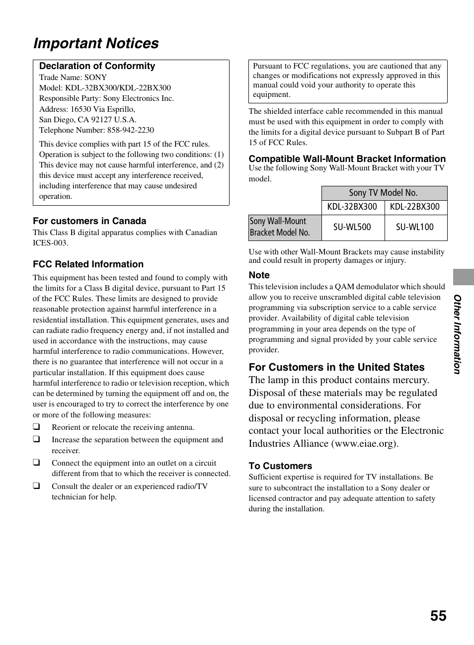 Important notices | Sony KDL-32BX300 User Manual | Page 55 / 63