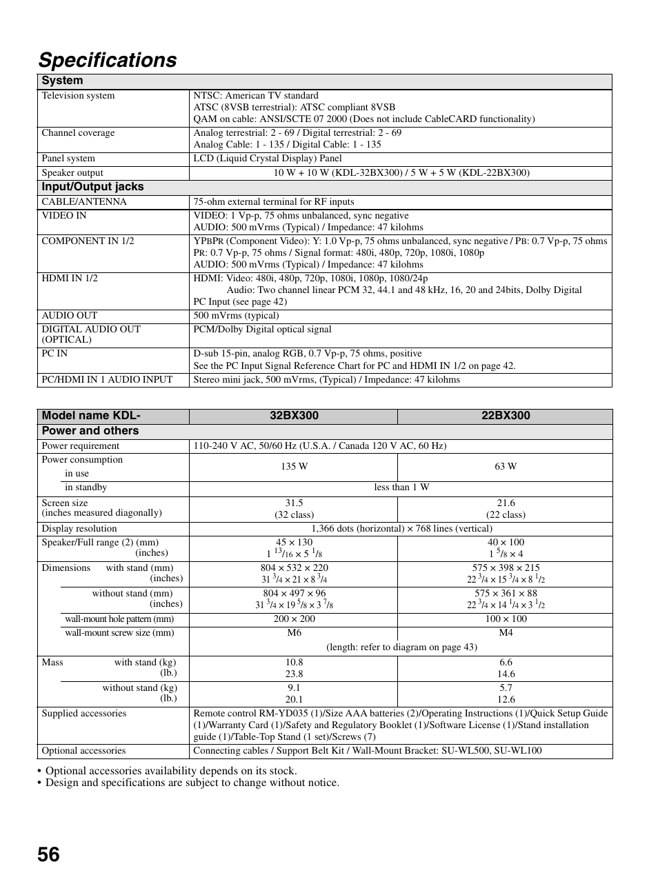 Specifications, 56 specifications | Sony KDL-32BX300 User Manual | Page 56 / 63