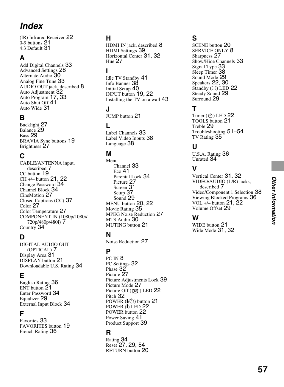 Index | Sony KDL-32BX300 User Manual | Page 57 / 63