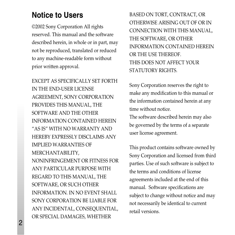 Notice to users | Sony ERS-210A User Manual | Page 2 / 32