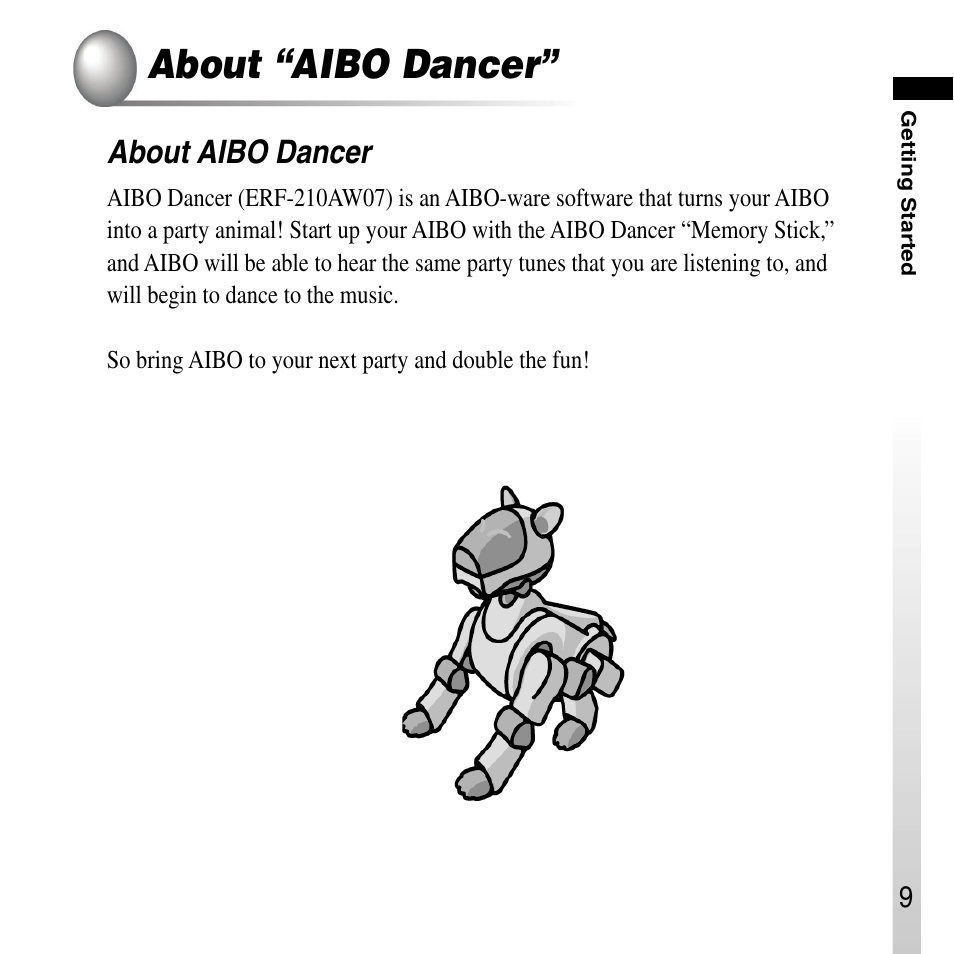 About “aibo dancer, About aibo dancer | Sony ERS-210A User Manual | Page 9 / 32