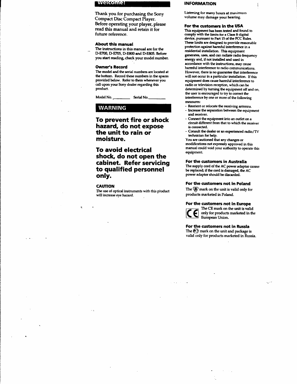 Warning | Sony D-E705 User Manual | Page 2 / 22
