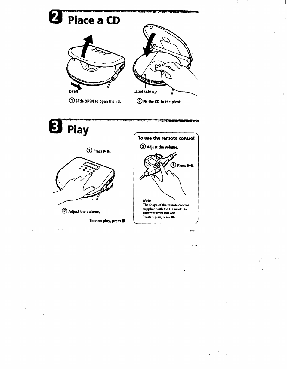 Place a cd, Play | Sony D-E705 User Manual | Page 4 / 22