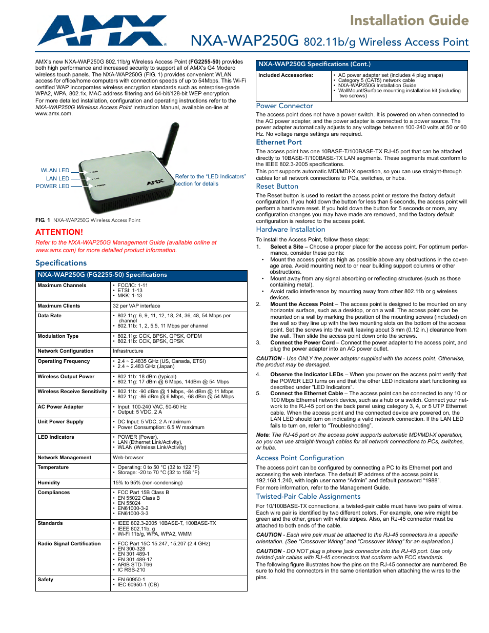 AMX NXA-WAP250G User Manual | 2 pages