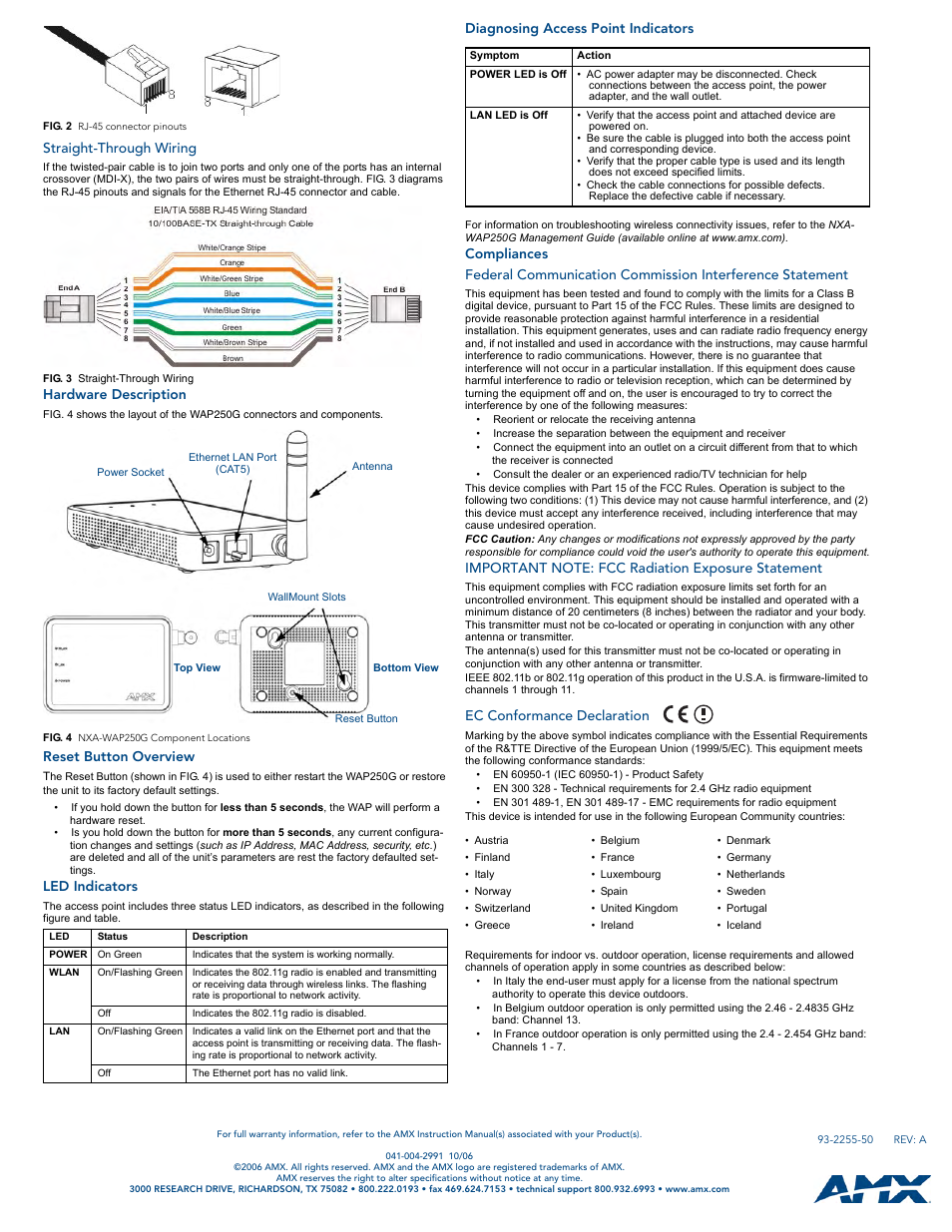 Straight-through wiring, Hardware description, Reset button overview | Led indicators, Diagnosing access point indicators, Compliances, Important note: fcc radiation exposure statement, Ec conformance declaration | AMX NXA-WAP250G User Manual | Page 2 / 2