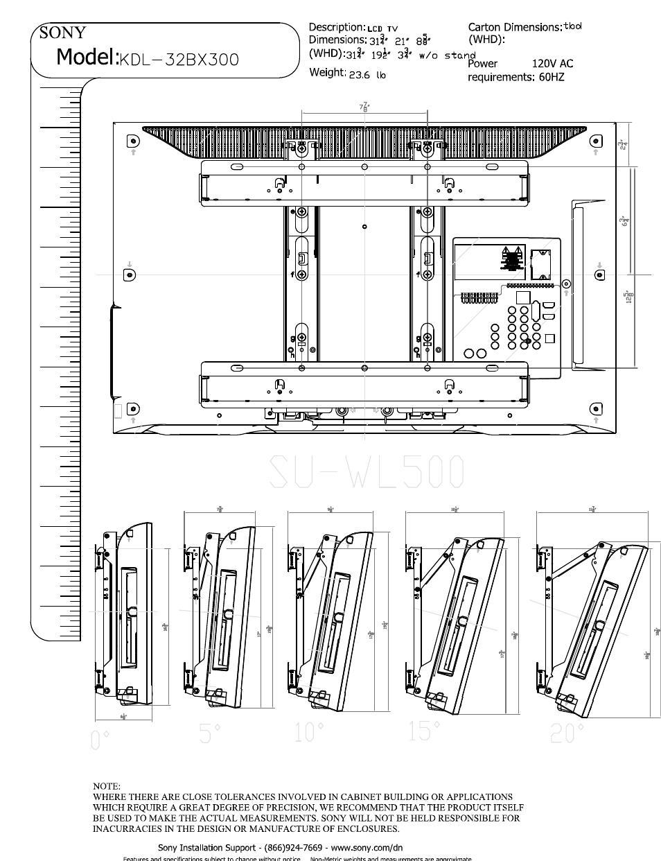 Whd):3l3' 19^' 3i' w/o stand, Model | Sony KDL-32BX300 User Manual | Page 3 / 3