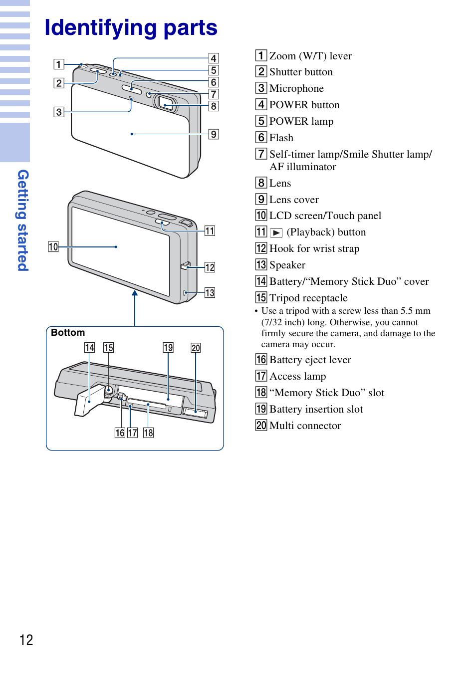 Identifying parts | Sony DSC-T700 User Manual | Page 12 / 60