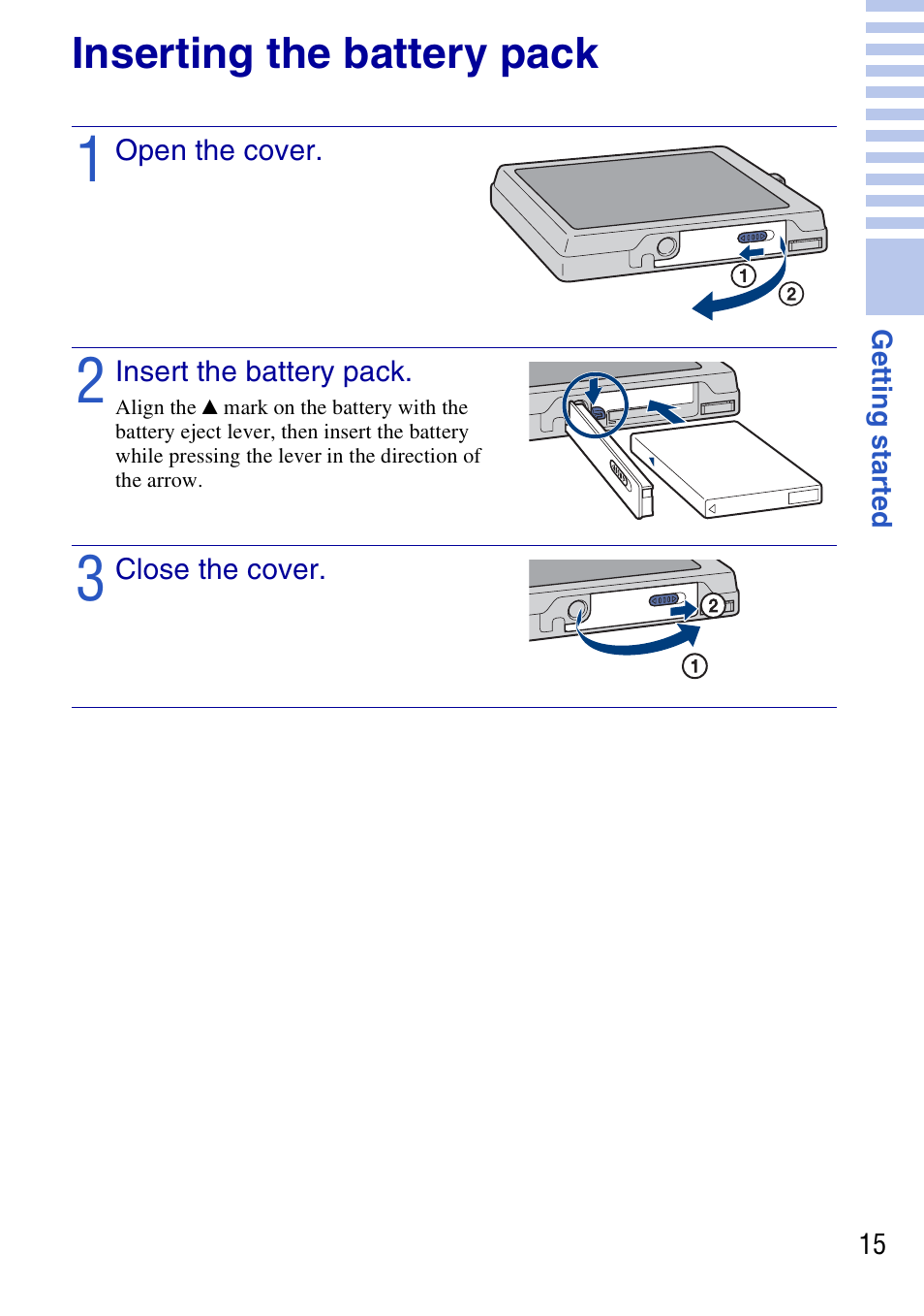 Inserting the battery pack | Sony DSC-T700 User Manual | Page 15 / 60