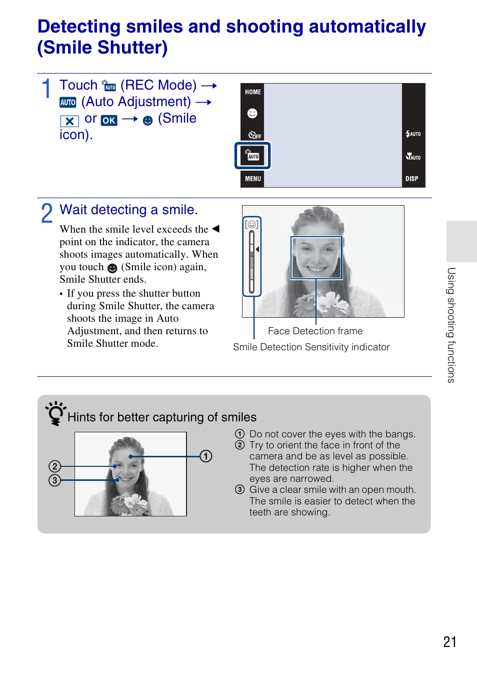 Using shooting functions | Sony DSC-T700 User Manual | Page 21 / 60
