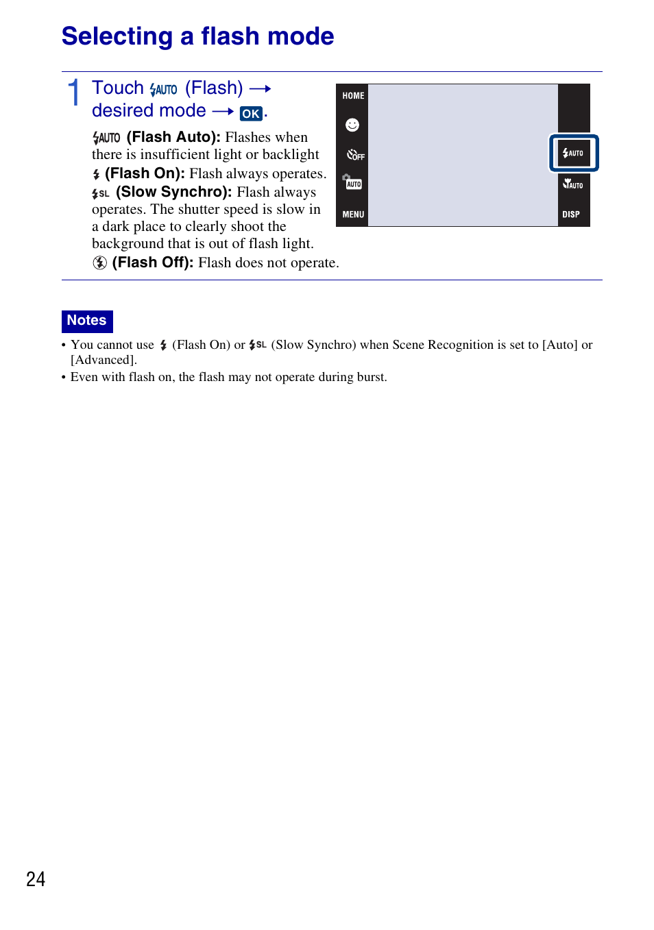 Selecting a flash mode | Sony DSC-T700 User Manual | Page 24 / 60