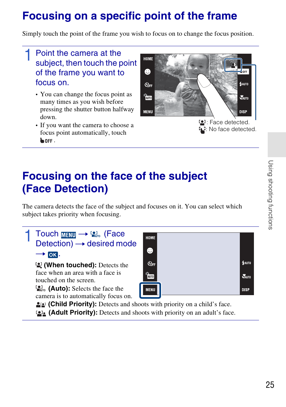 Focusing on a specific point of the frame | Sony DSC-T700 User Manual | Page 25 / 60