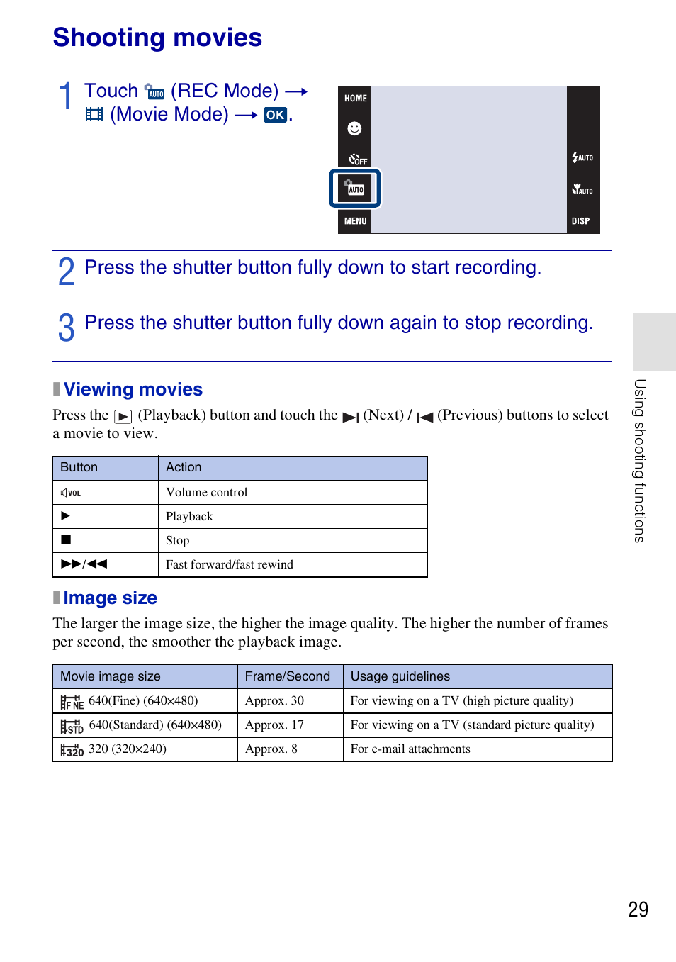 Shooting movies, Touch (rec mode) t (movie mode) t | Sony DSC-T700 User Manual | Page 29 / 60