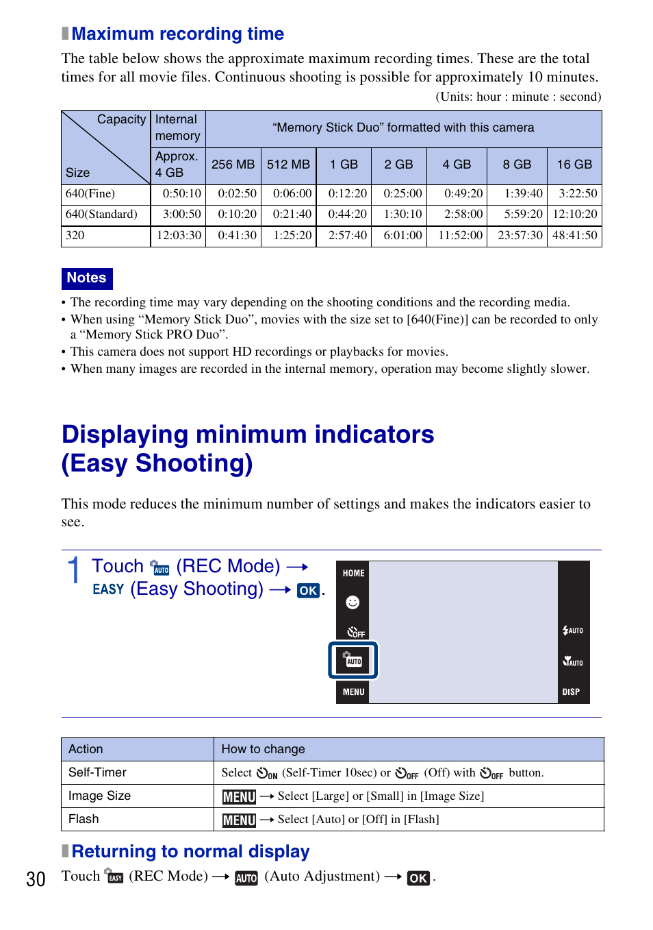 Displaying minimum indicators (easy shooting), Touch (rec mode) t (easy shooting) t, Xmaximum recording time | Xreturning to normal display | Sony DSC-T700 User Manual | Page 30 / 60