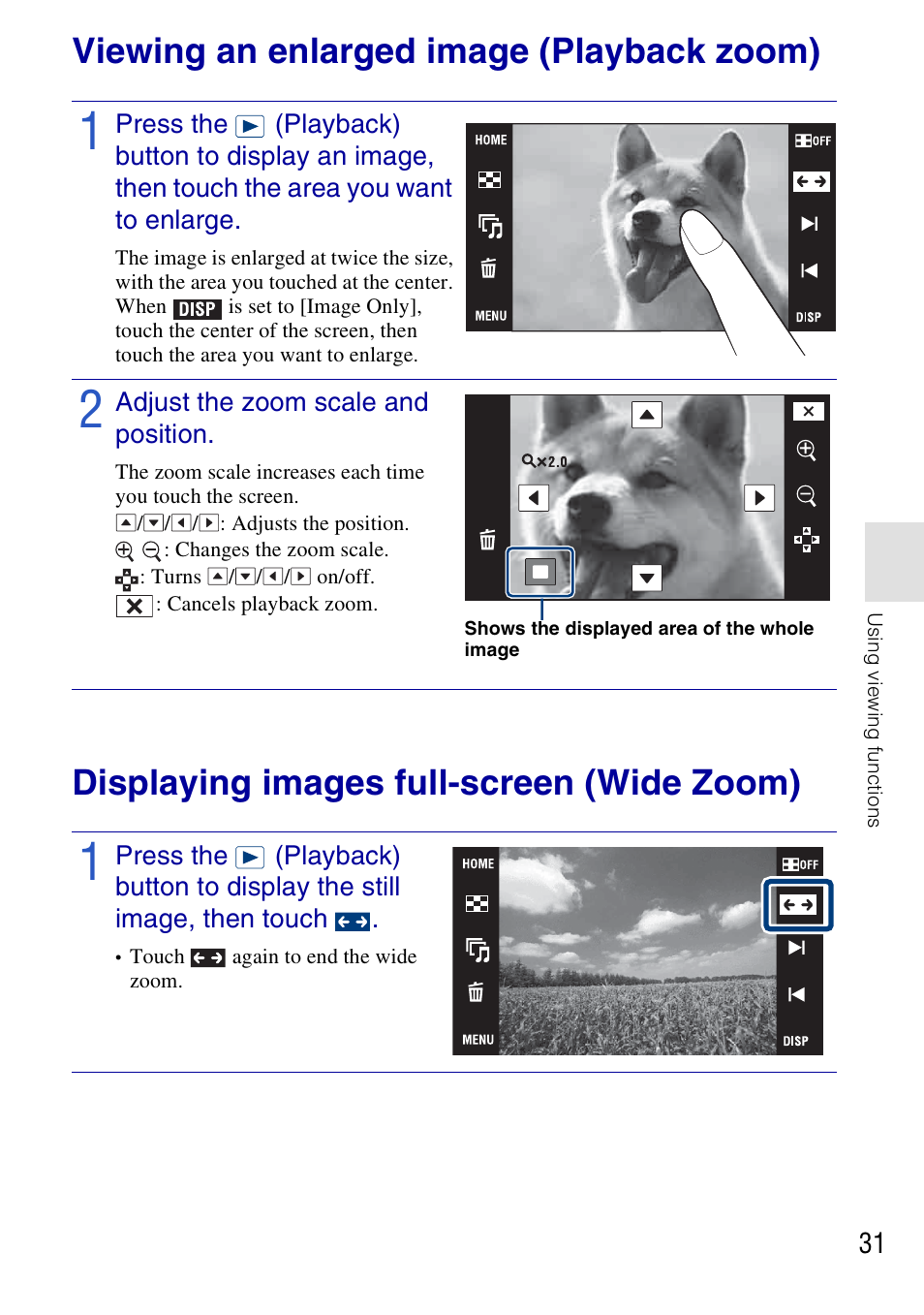 Using viewing functions, Viewing an enlarged image (playback zoom), Displaying images full-screen (wide zoom) | Sony DSC-T700 User Manual | Page 31 / 60