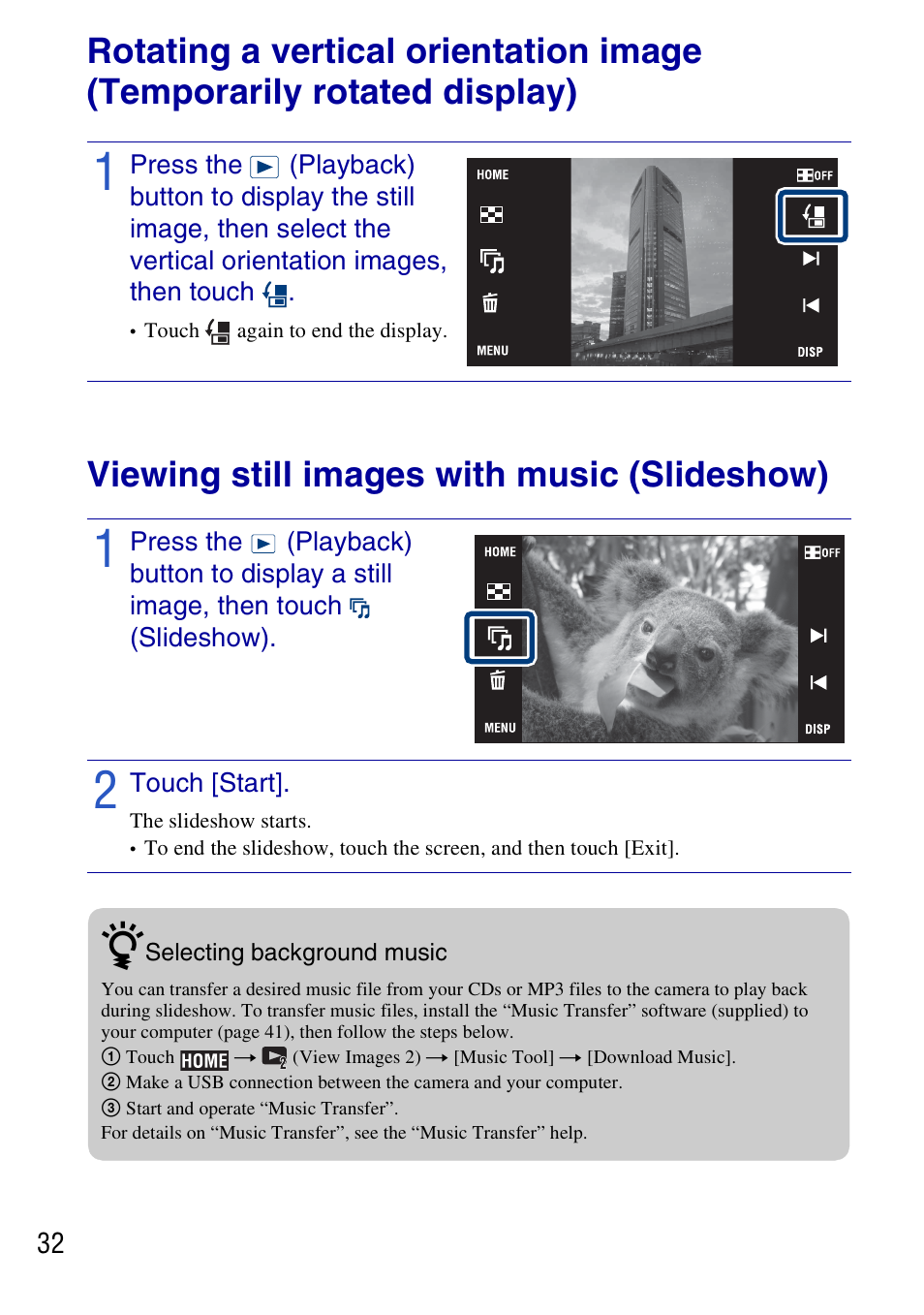 Viewing still images with music (slideshow) | Sony DSC-T700 User Manual | Page 32 / 60