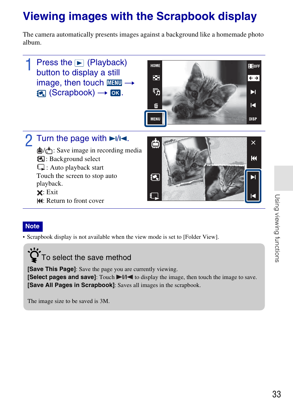 Viewing images with the scrapbook display | Sony DSC-T700 User Manual | Page 33 / 60