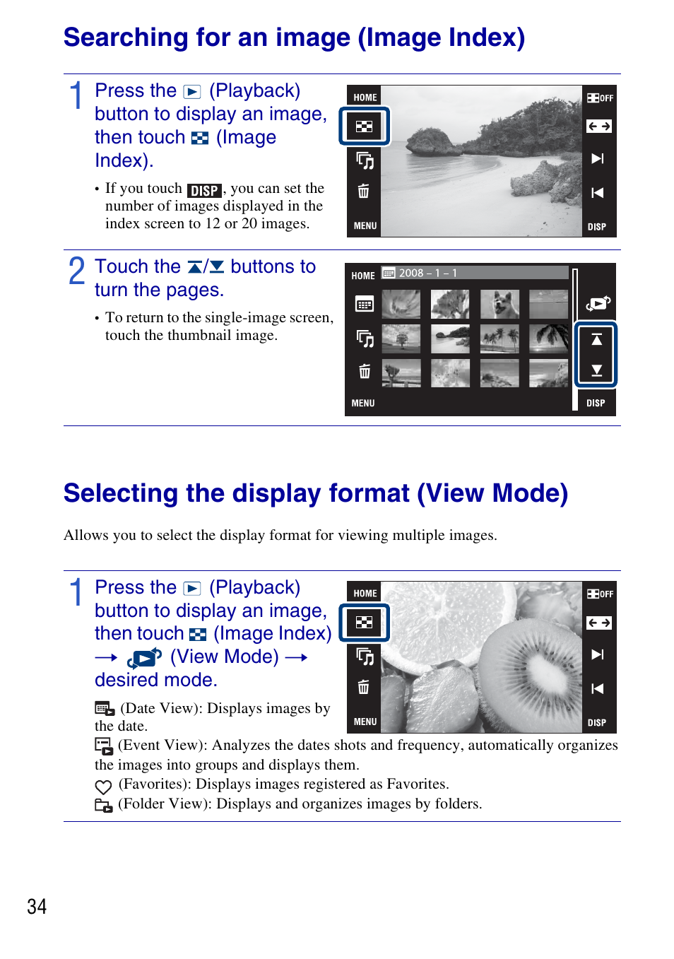 Searching for an image (image index), Selecting the display format (view mode) | Sony DSC-T700 User Manual | Page 34 / 60