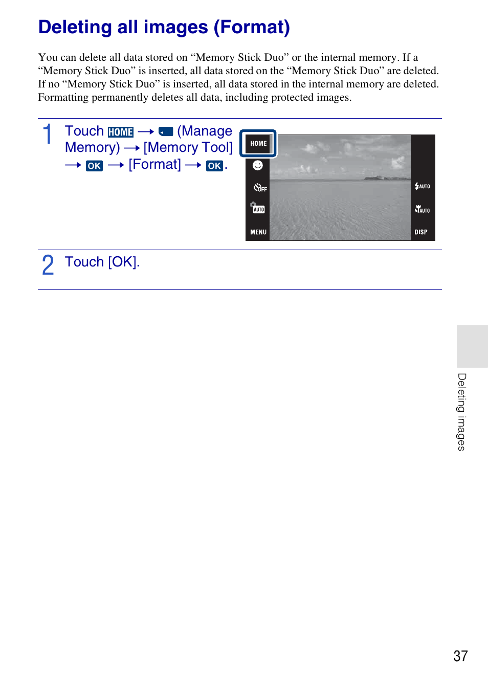 Deleting all images (format) | Sony DSC-T700 User Manual | Page 37 / 60