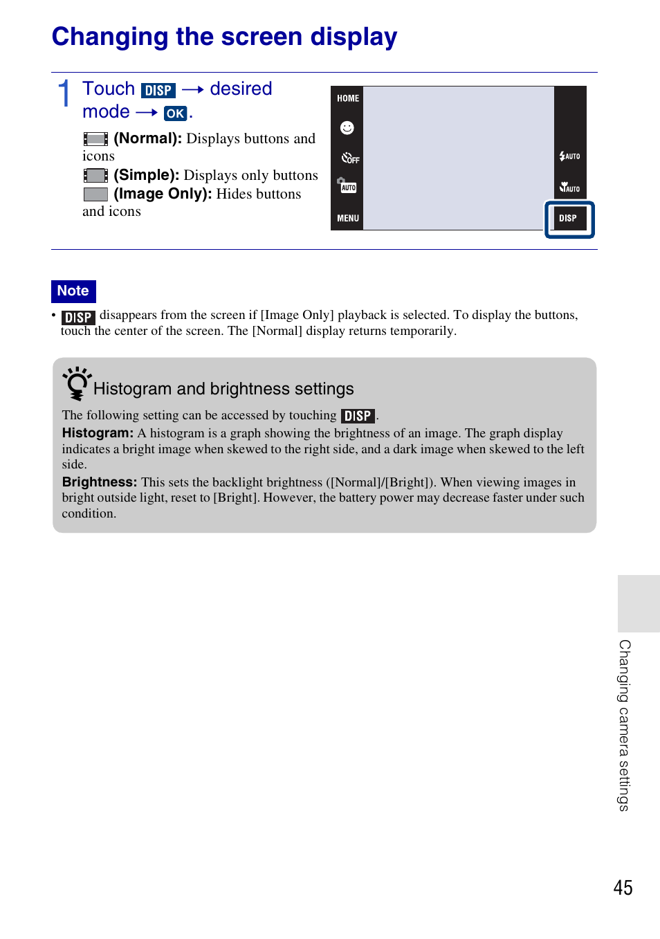 Changing camera settings, Changing the screen display | Sony DSC-T700 User Manual | Page 45 / 60