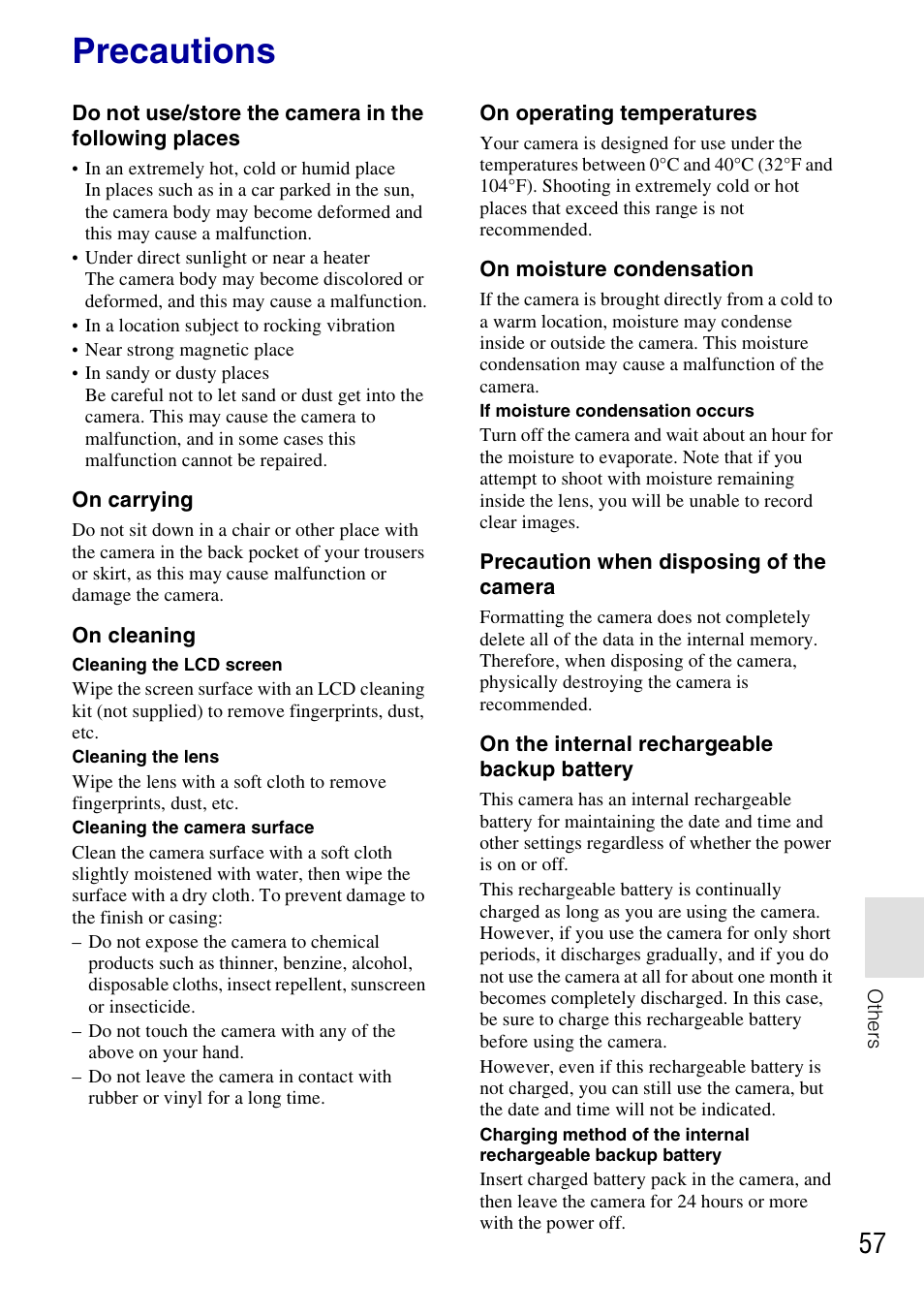 Precautions | Sony DSC-T700 User Manual | Page 57 / 60