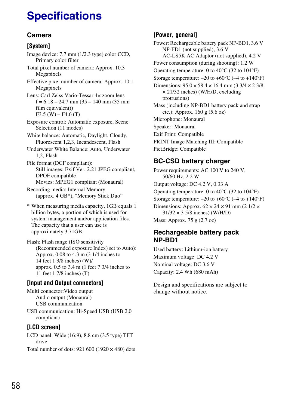 Specifications | Sony DSC-T700 User Manual | Page 58 / 60