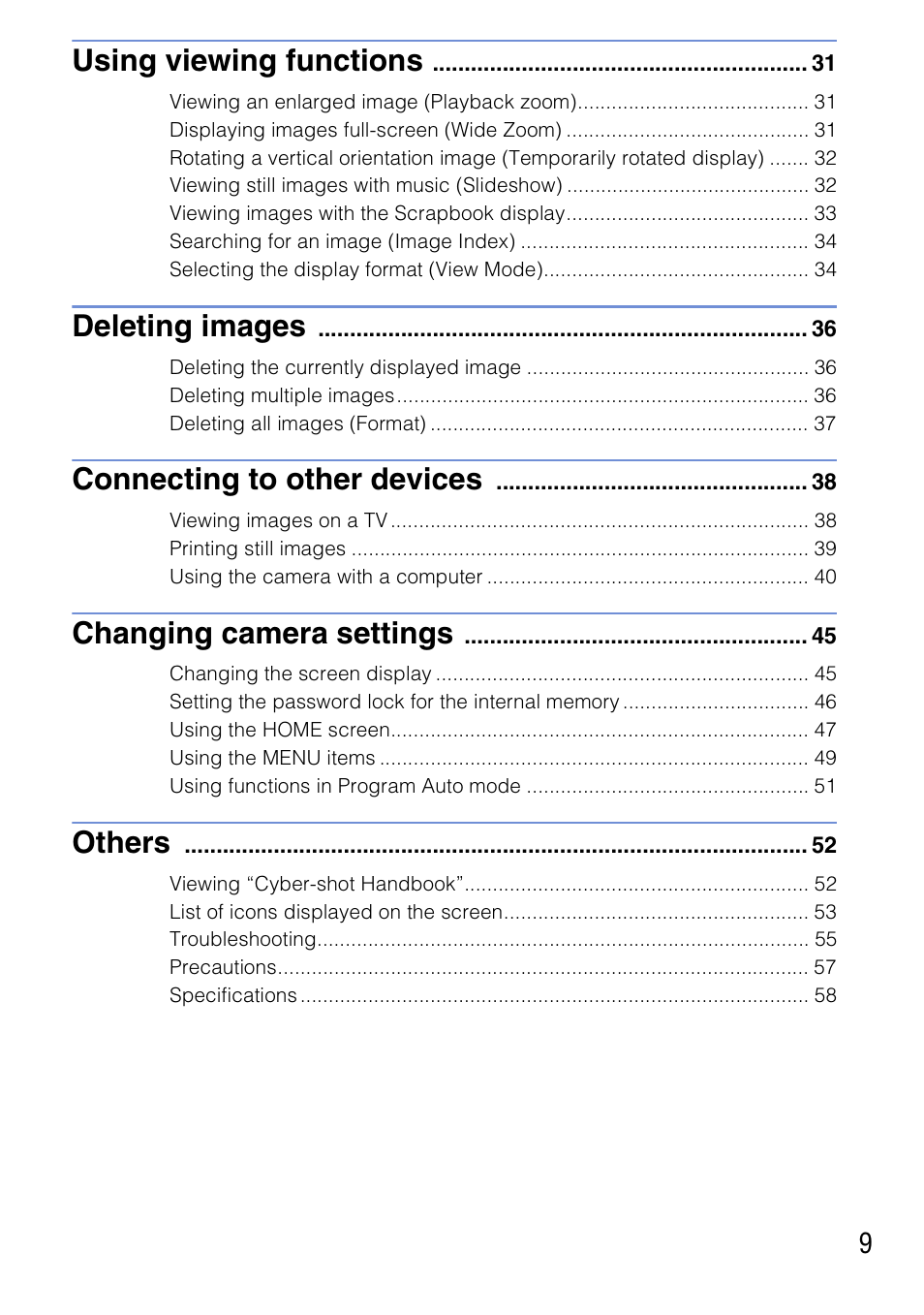 Using viewing functions, Deleting images, Connecting to other devices | Changing camera settings, Others | Sony DSC-T700 User Manual | Page 9 / 60