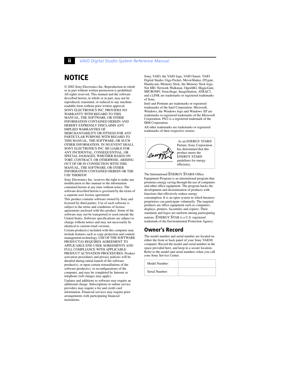 Notice, Owner’s record | Sony PCV-RX791 User Manual | Page 2 / 98