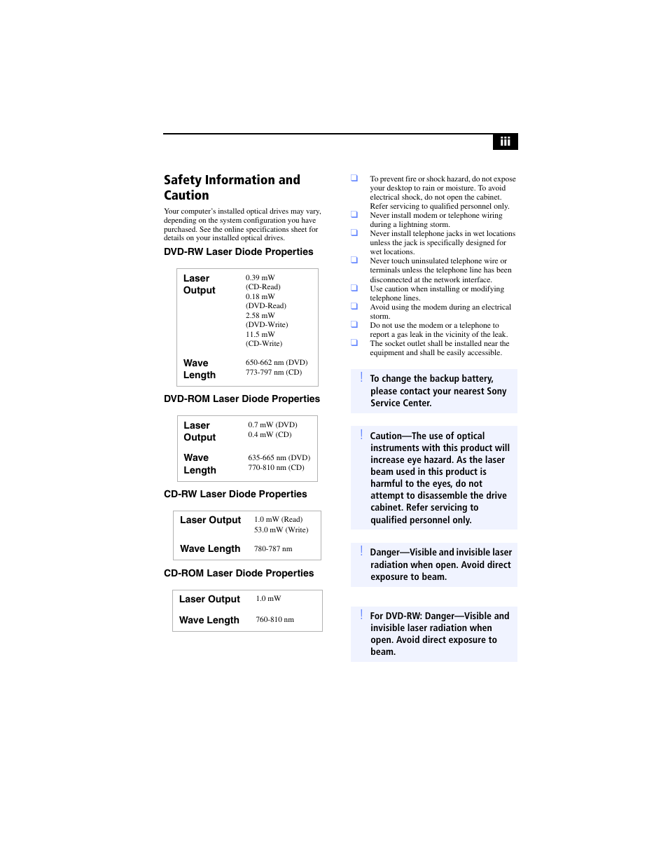Safety information and caution | Sony PCV-RX791 User Manual | Page 3 / 98