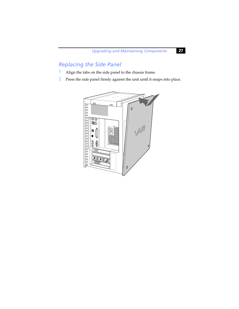 Replacing the side panel | Sony PCV-RX791 User Manual | Page 39 / 98