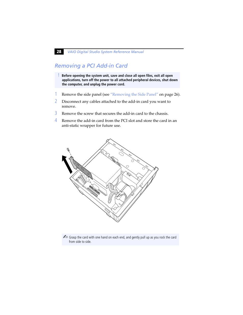 Removing a pci add-in card | Sony PCV-RX791 User Manual | Page 40 / 98