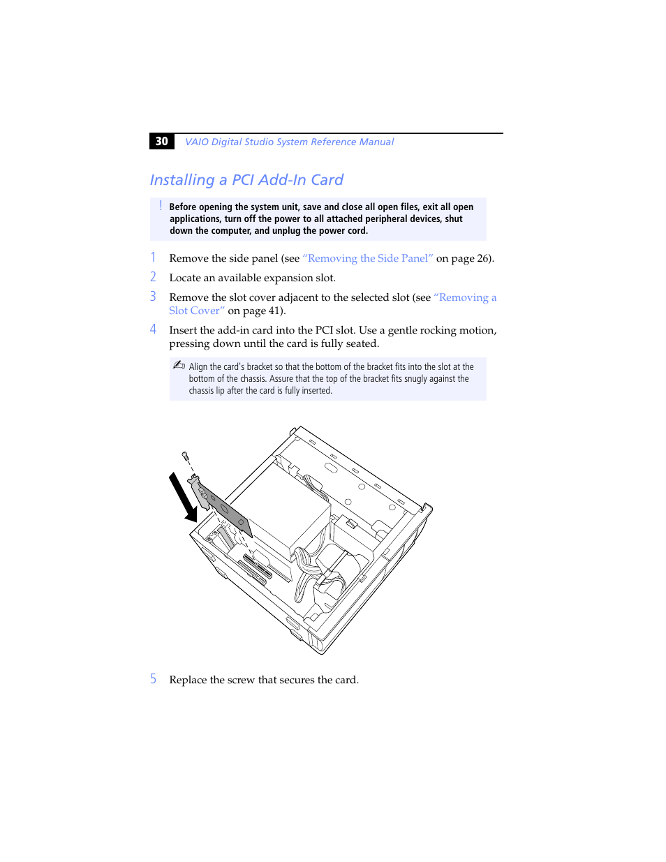 Installing a pci add-in card | Sony PCV-RX791 User Manual | Page 42 / 98