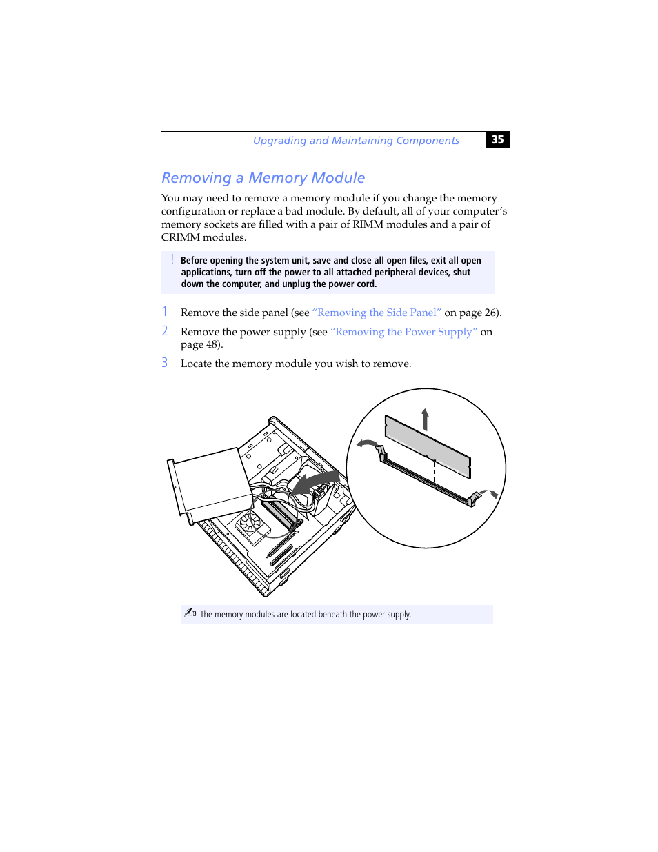 Removing a memory module | Sony PCV-RX791 User Manual | Page 47 / 98