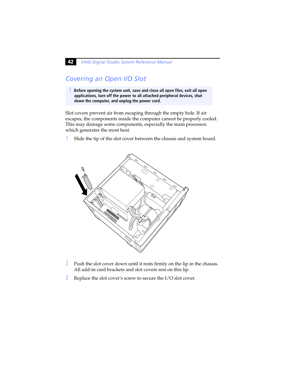 Covering an open i/o slot, Covering, An open i/o slot | Sony PCV-RX791 User Manual | Page 54 / 98