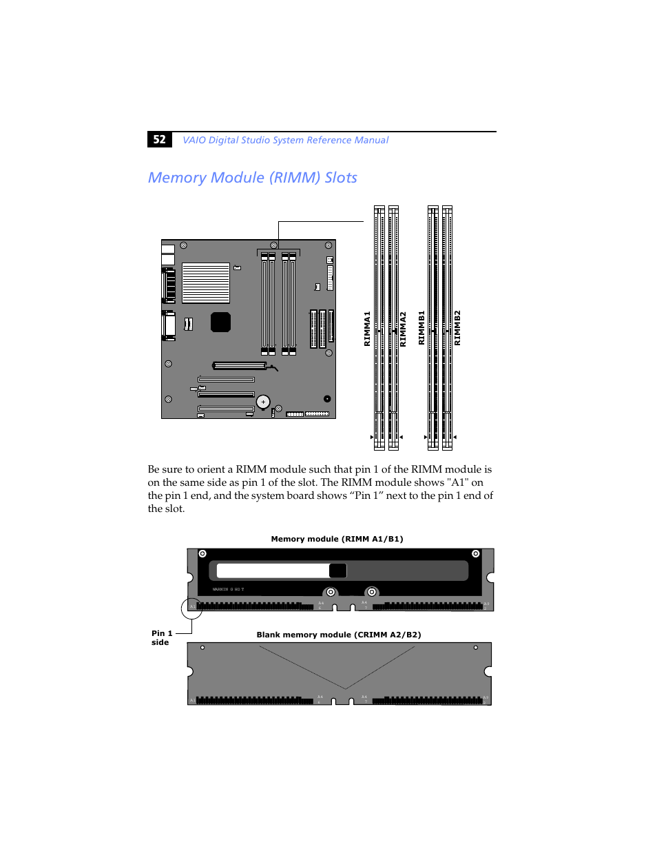 Memory module (rimm) slots, Vaio digital studio system reference manual | Sony PCV-RX791 User Manual | Page 64 / 98