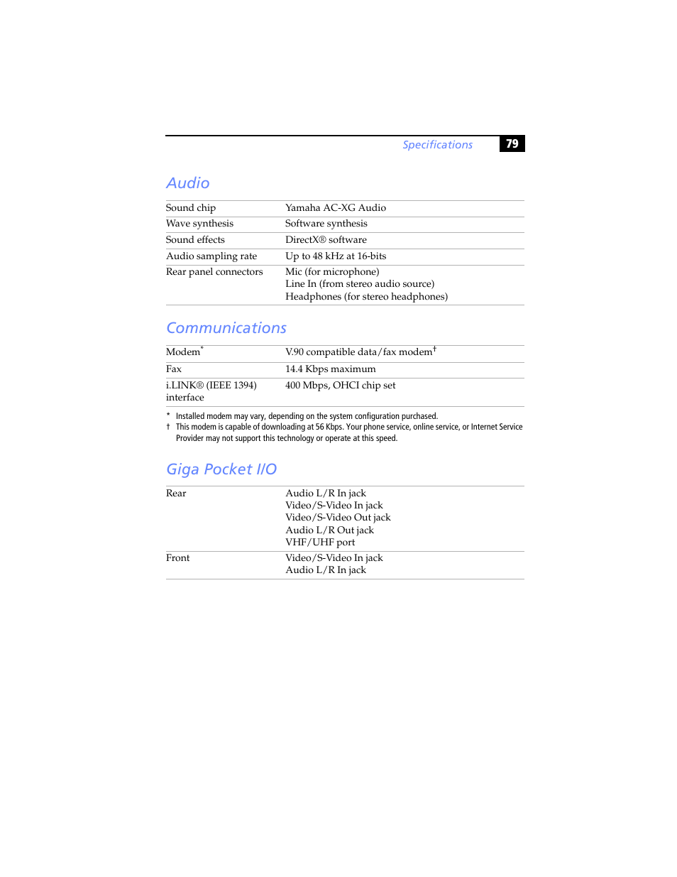 Audio, Communications, Giga pocket i/o | Audio communications giga pocket i/o | Sony PCV-RX791 User Manual | Page 91 / 98