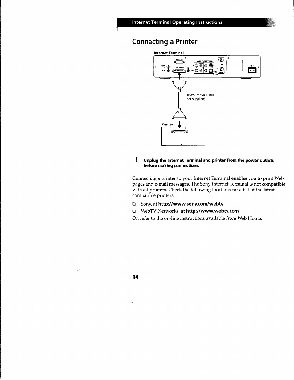 Connecting a printer | Sony INT-W250 User Manual | Page 19 / 30