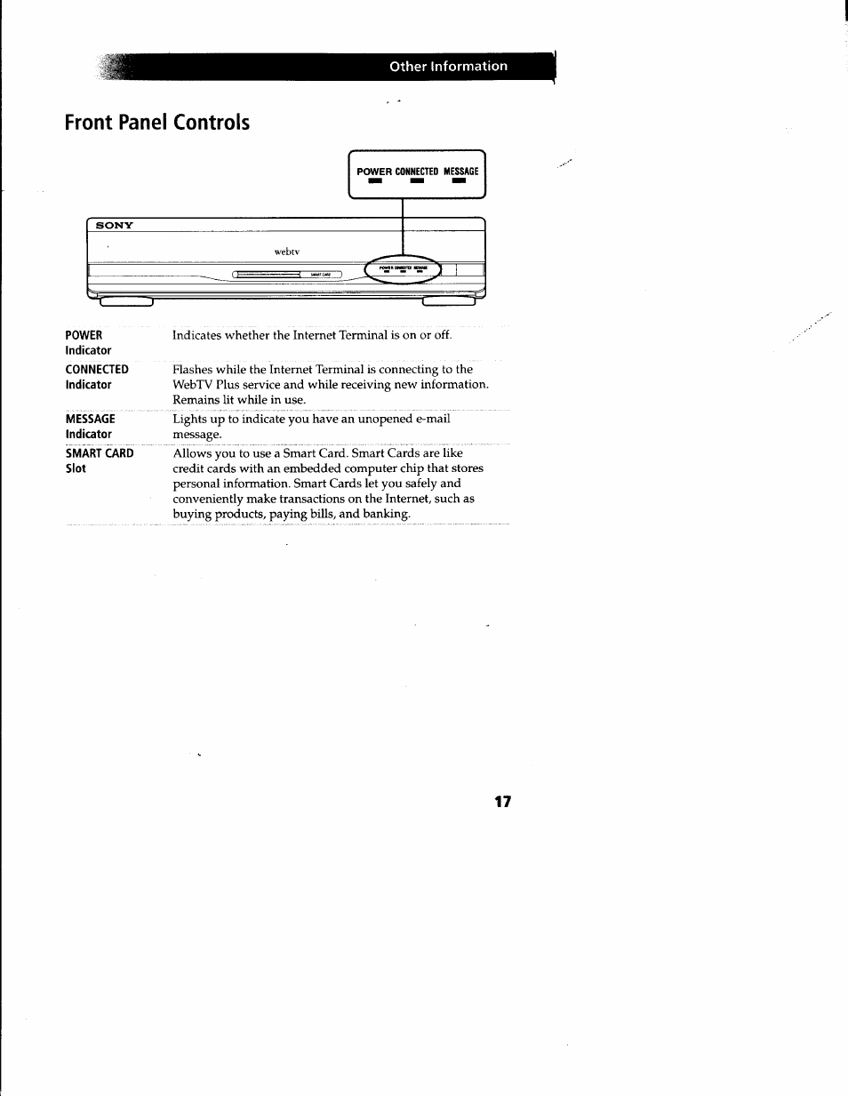 Front panel controls, Other information | Sony INT-W250 User Manual | Page 22 / 30