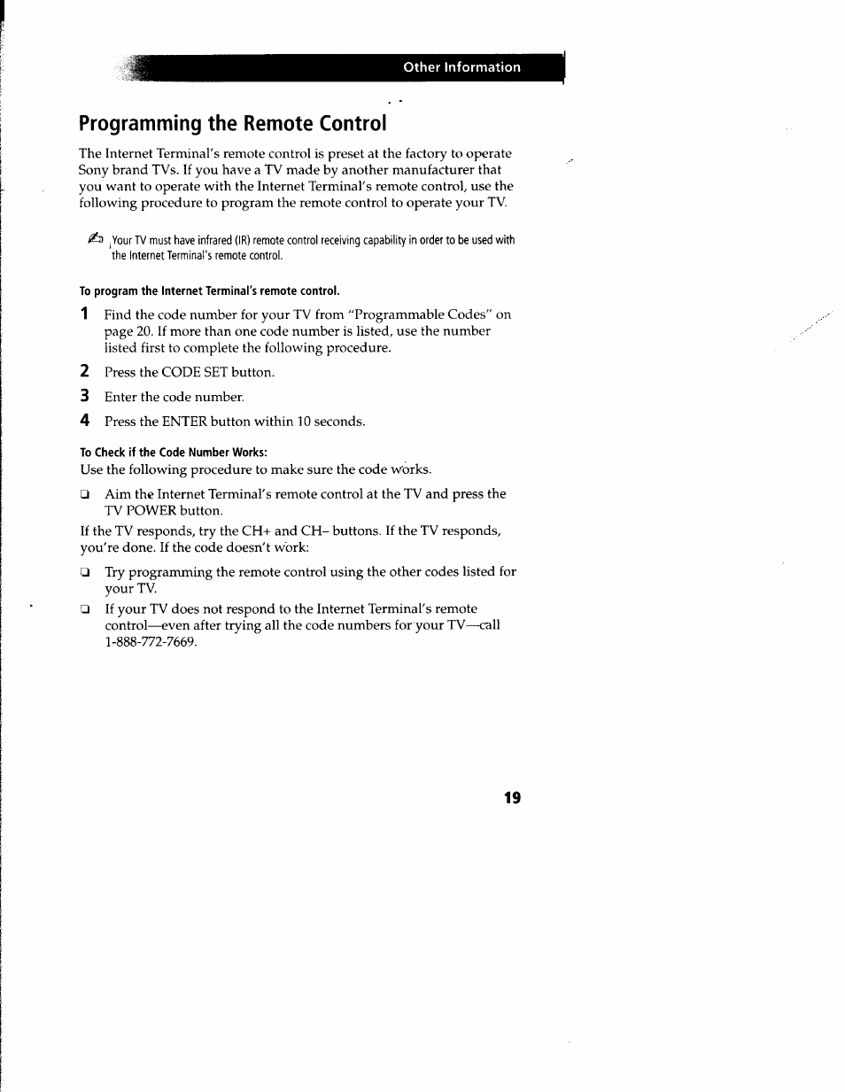 Programming the remote control, To program the internet terminal's remote control, To check if the code number works | Sony INT-W250 User Manual | Page 24 / 30