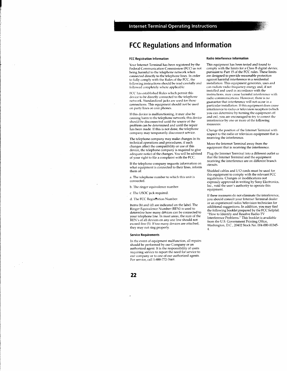 Fcc regulations and information, Internet terminal operating instructions | Sony INT-W250 User Manual | Page 27 / 30