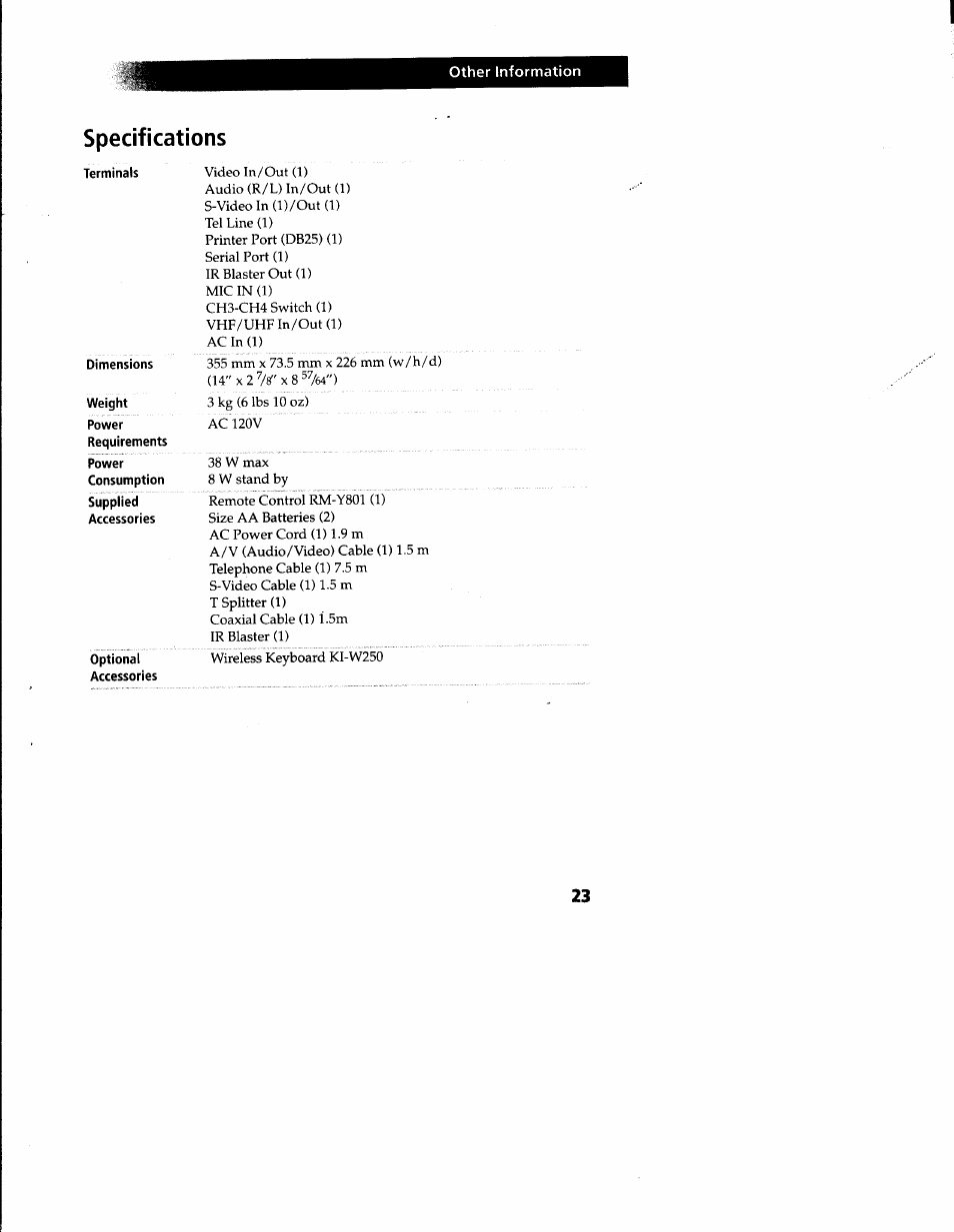 Specifications, Terminals, Dimensions | Weight, Power, Optional | Sony INT-W250 User Manual | Page 28 / 30