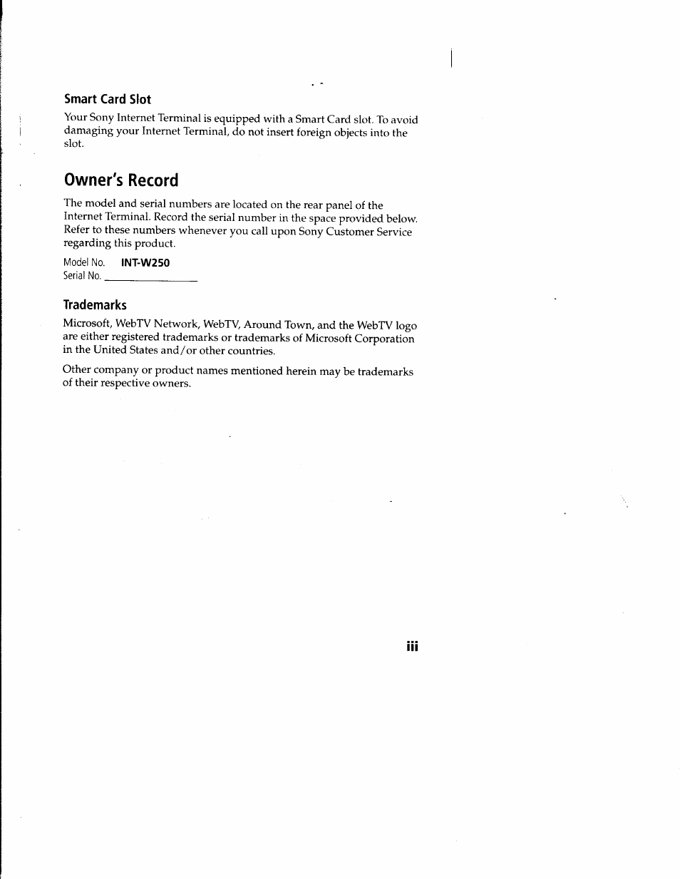 Owner's record | Sony INT-W250 User Manual | Page 3 / 30