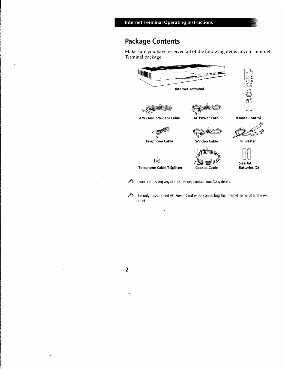 Package contents, Internet terminal operating instructions | Sony INT-W250 User Manual | Page 7 / 30