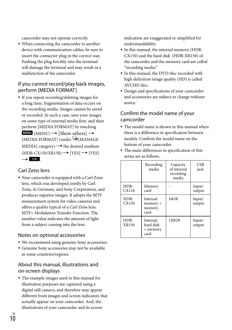 Carl zeiss lens, Confirm the model name of your camcorder | Sony HDR-CX110 User Manual | Page 10 / 151