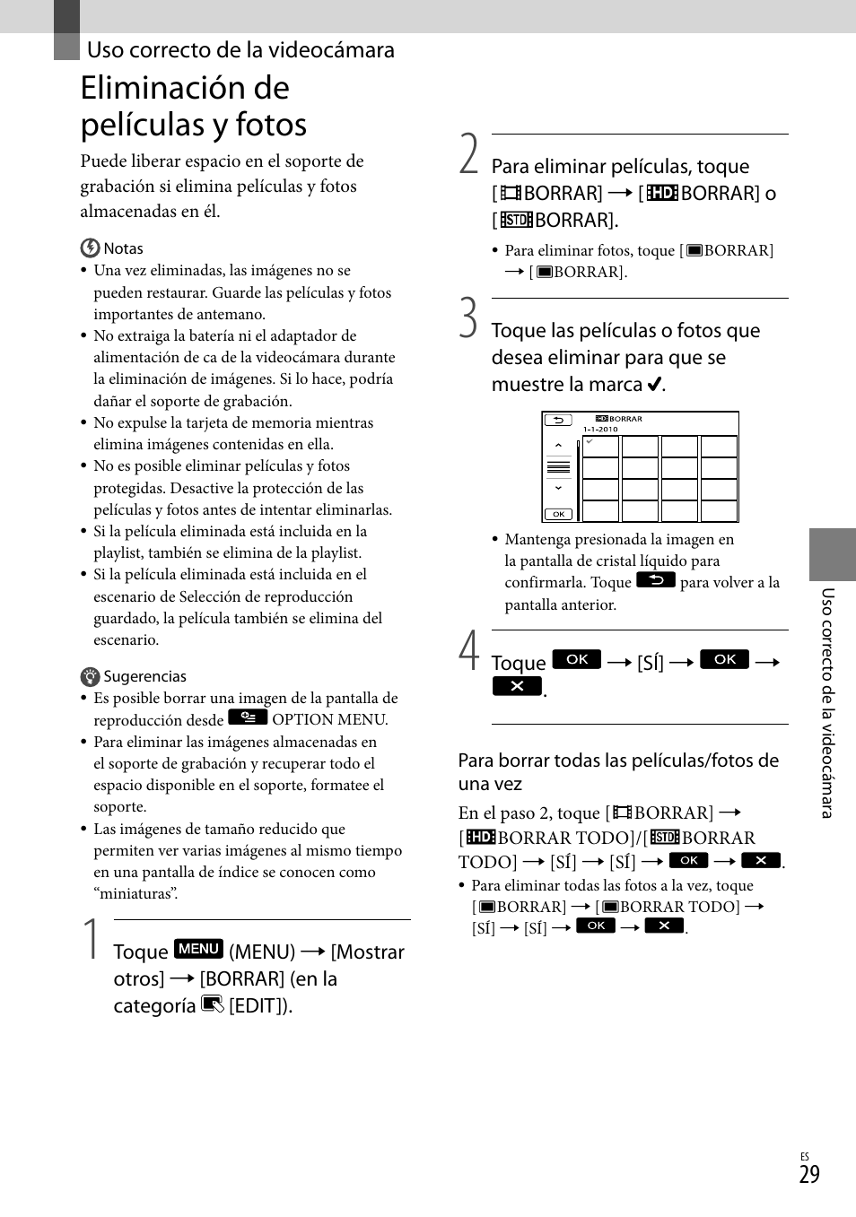 Uso correcto de la videocámara, Eliminación de películas y fotos | Sony HDR-CX110 User Manual | Page 105 / 151